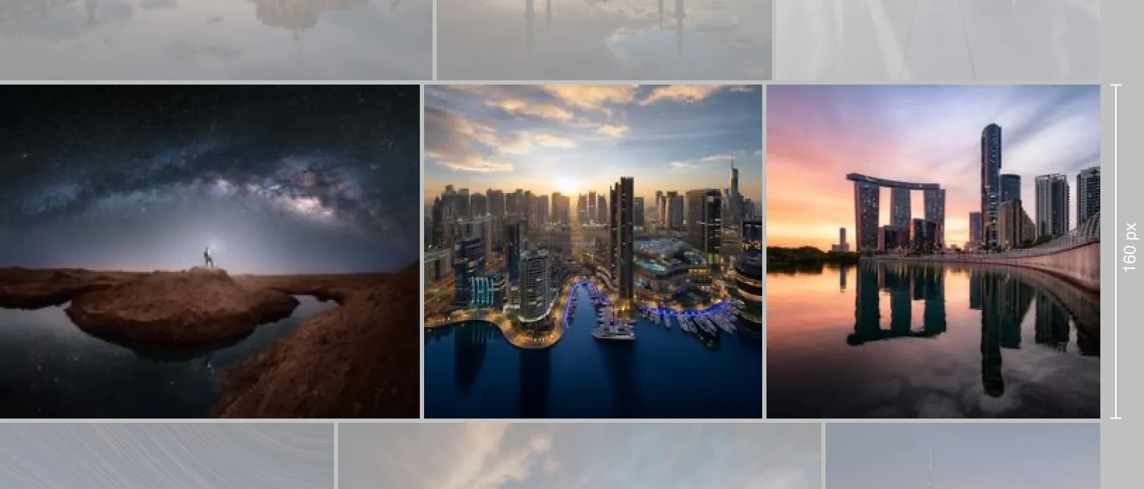 Three justified rows of thumbnails, with the height of the middle row measured at 160px