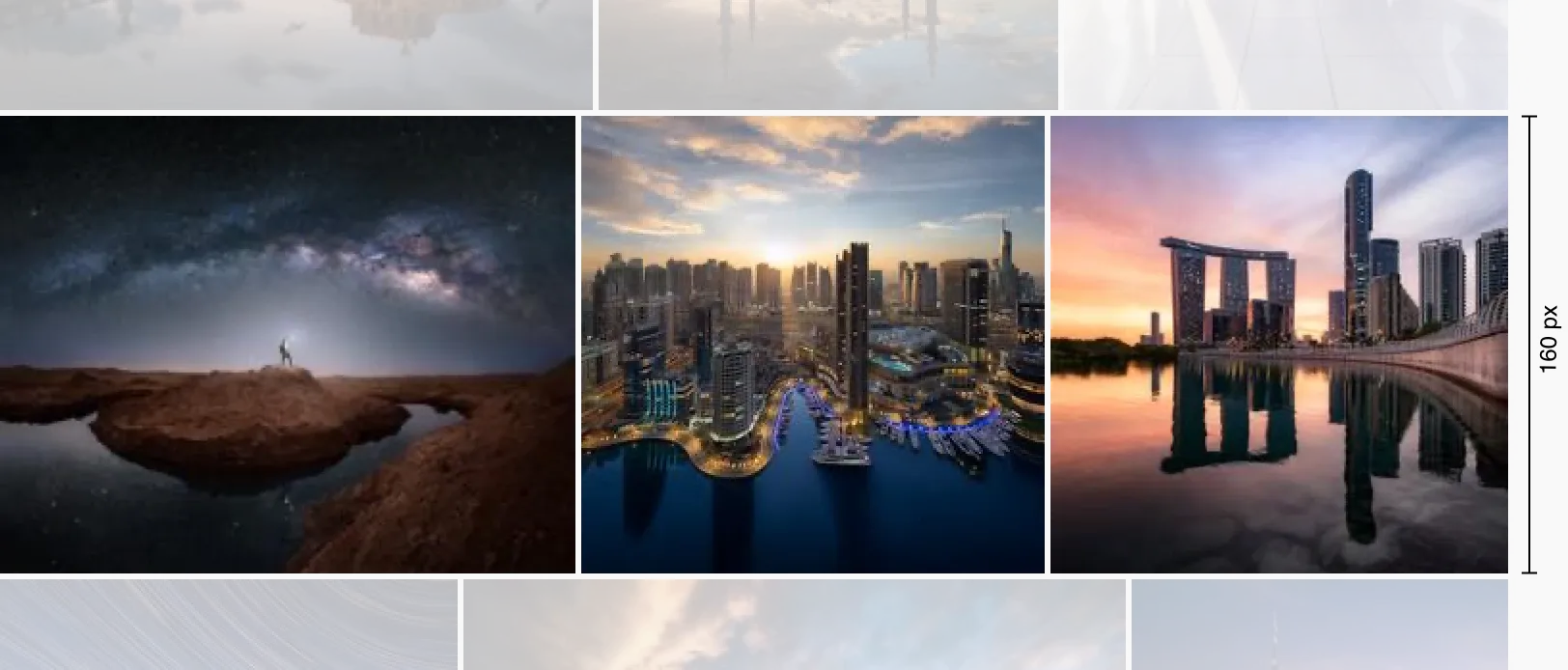 Three justified rows of thumbnails, with the height of the middle row measured at 160px